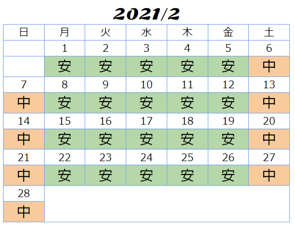 2021年2月USJ料金カレンダー