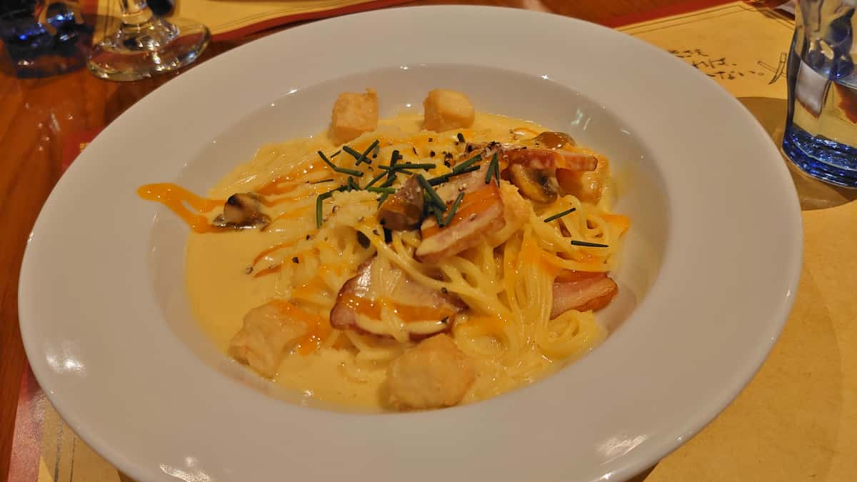 白みそと豆腐のカルボナーラ・スパゲティ