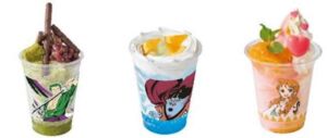ゾロの抹茶氷 ~小豆&わらび餅~、ナミへのフローズン・スムージー ~みかん&ピーチ~、ジンベエの渦潮ソーダ ~ライム&オレンジ~