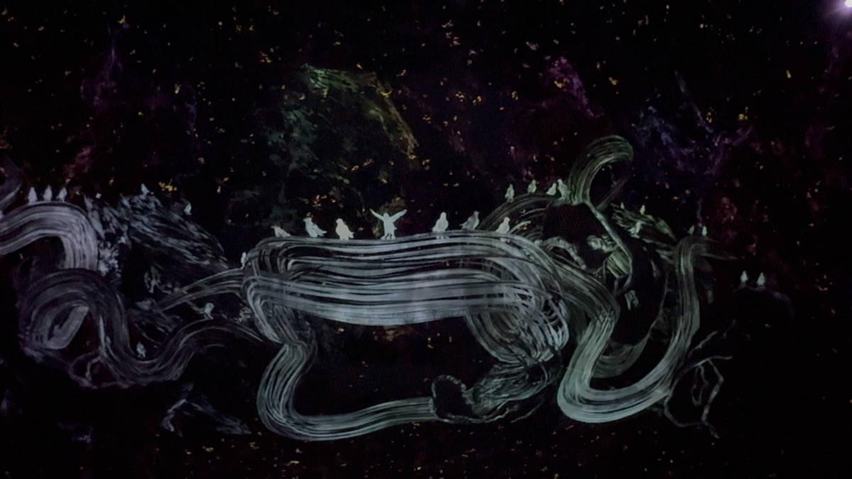 カラスたちが宇宙を飛び交う作品