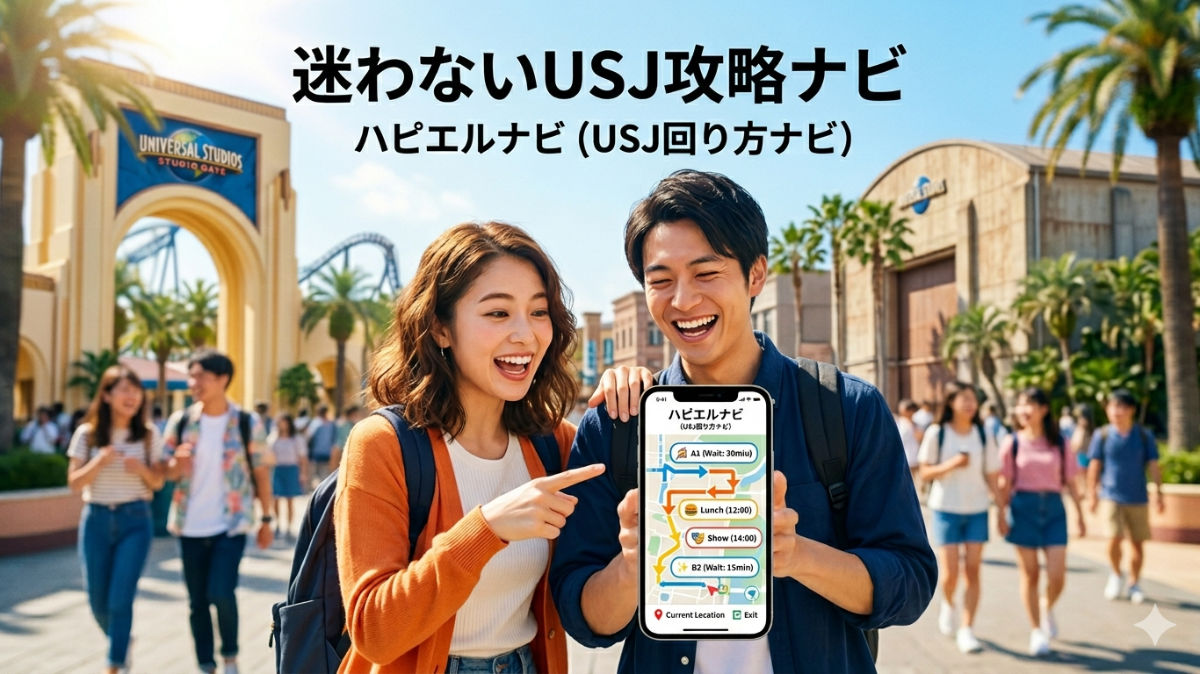 ハピエルナビ　USJ回り方　アプリ