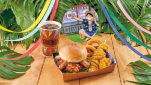 肉を豪快に楽しむ「ルフィのビーフ&ソーセージ・バーガーセット」