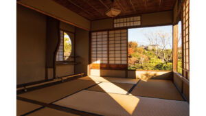 畳敷きの茶室・蘆菴の室内と庭園を望む窓
