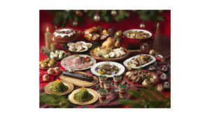 ロースト料理や前菜、クリスマスデザートが並ぶビュッフェ料理イメージ
